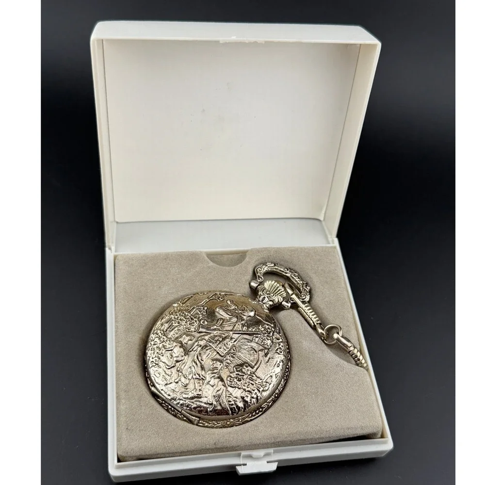 Unitron Quartz Pocket Watch: Silver Tone, Ornate Equestrian Hunter, for Repair